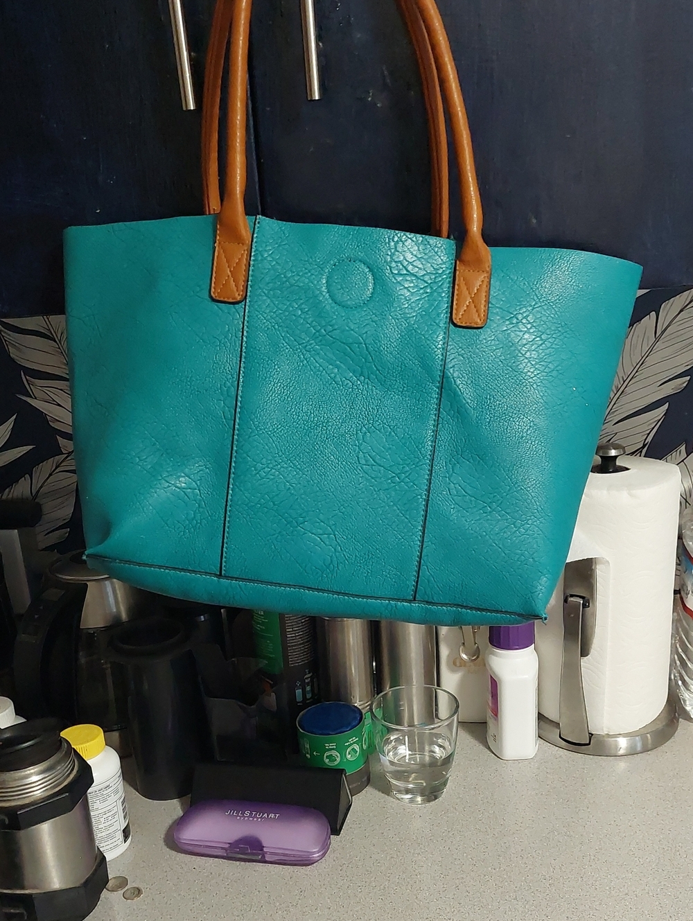 Roomy Teal Tote Bag with Contrast Brown Handles. Can Carry All Of Your Shopping